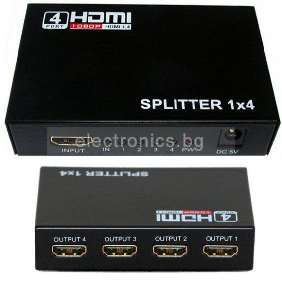 SPLITER HDMI VER.1.4 1080P 3D HDMI Сплитер, 1 вход - 4 изхода, Full HD 1080P 3D, Версия 1.4, в комплект със захранване