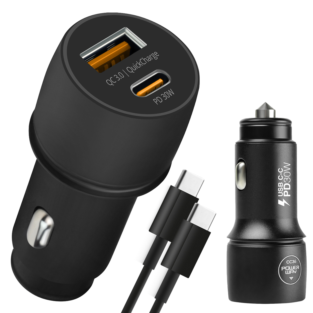 АДАПТЕР ЗА ЗАПАЛКА 12V POWERWAY CC36 30W PD + QC 3 АДАПТЕР ЗА ЗАПАЛКА 12V POWERWAY CC36 30W PD + QC 3.0 